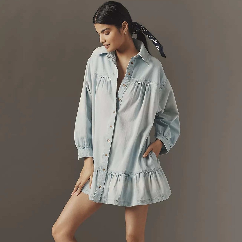 Pilcro Light Wash Denim Long Sleeve Shirt Dress